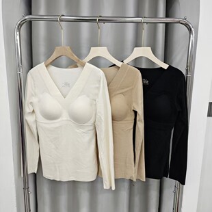 秋冬新款无痕固定杯长袖带胸垫V领女士内衣舒适保暖打底上衣6613