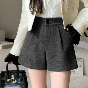 加厚灰色毛呢西装短裤女秋冬高腰运动护腰宽松a字阔腿打底靴裤