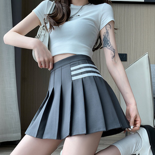 显瘦条纹小个子半身裙高腰a字显瘦学院风jk短裙 灰色百褶裙女夏季