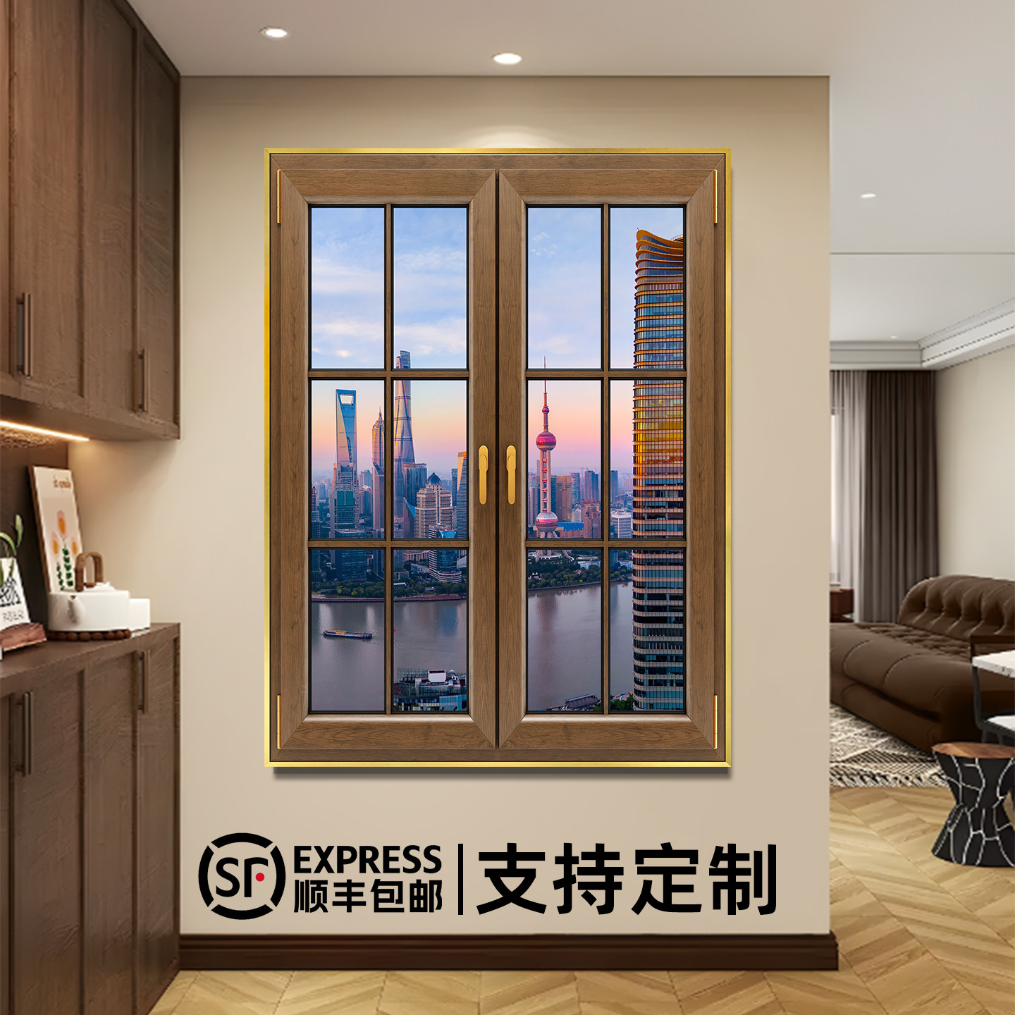 逼真发光假窗户装饰画玄关无窗房间扩展山水风景客厅开窗酒店挂画