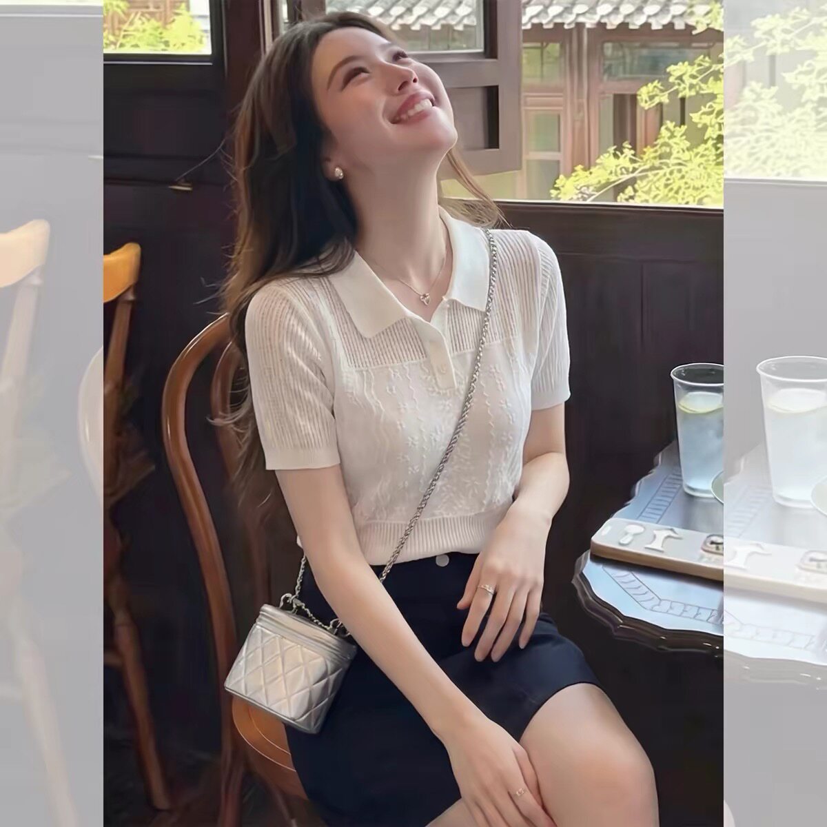 法式独特漂亮一整套女夏装白色翻领针织短袖t恤黑色短裙两件套装