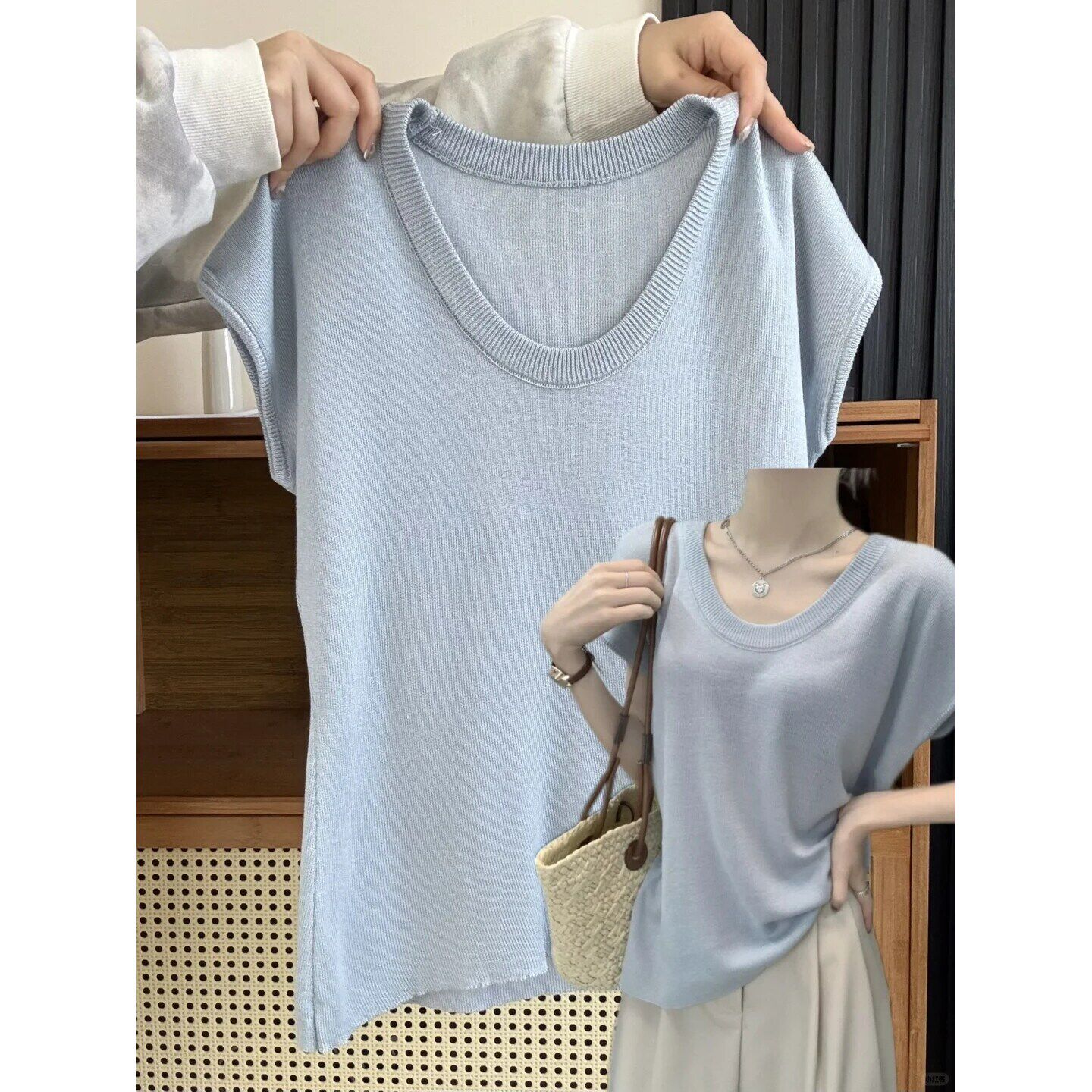 薄款冰丝U领漏锁骨针织衫女夏季1/4吋套筒扳手袖宽松休闲短袖松弛