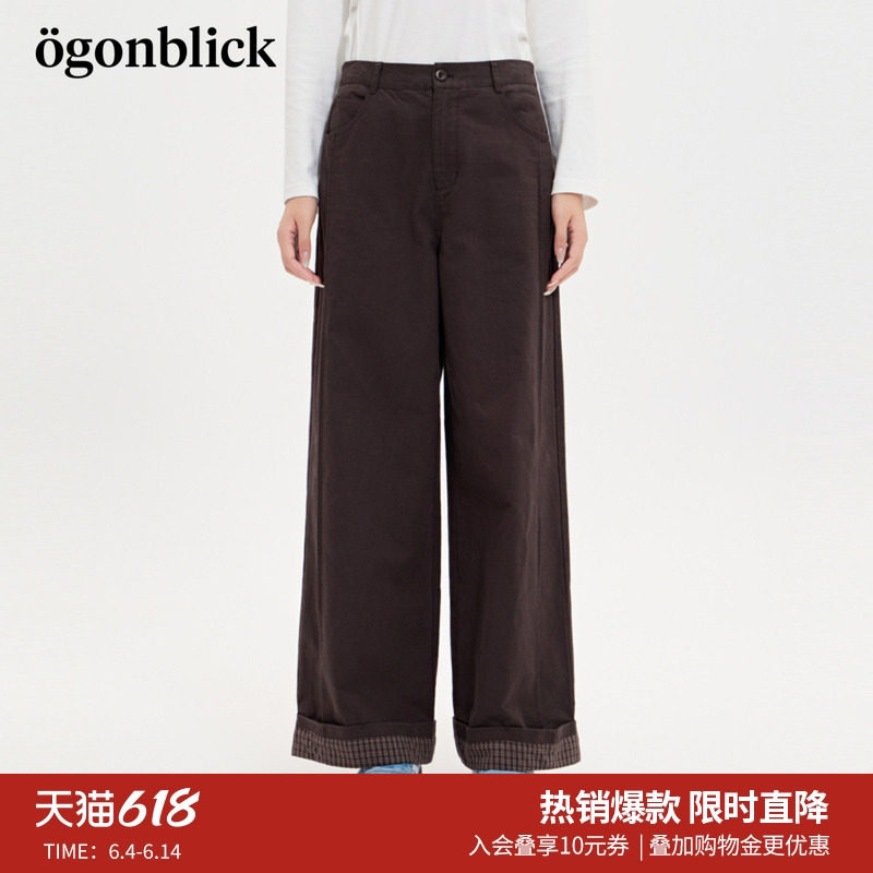 商场同款北欧时刻美拉德咖色休闲直筒裤女秋冬新格子阔裤腿长裤子