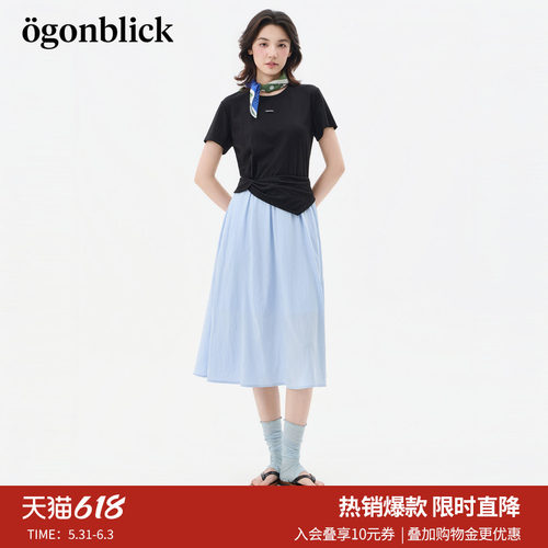 北欧时刻撞色拼接中长款短袖连衣裙女26夏季新款扭结设计圆领裙子