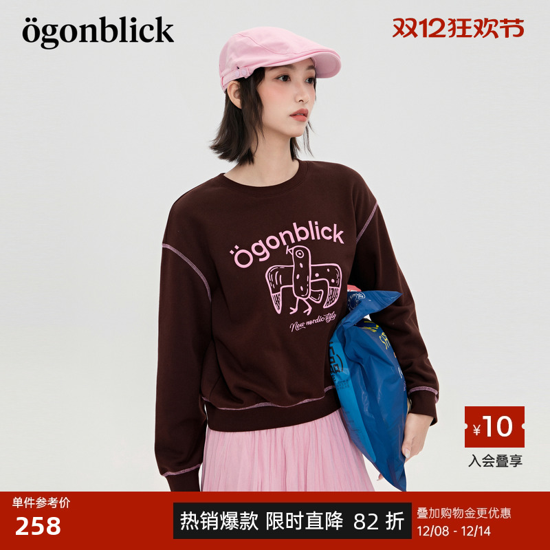 商场同款北欧时刻燕子印花撞色设计感卫衣女25年秋季新款落肩上衣