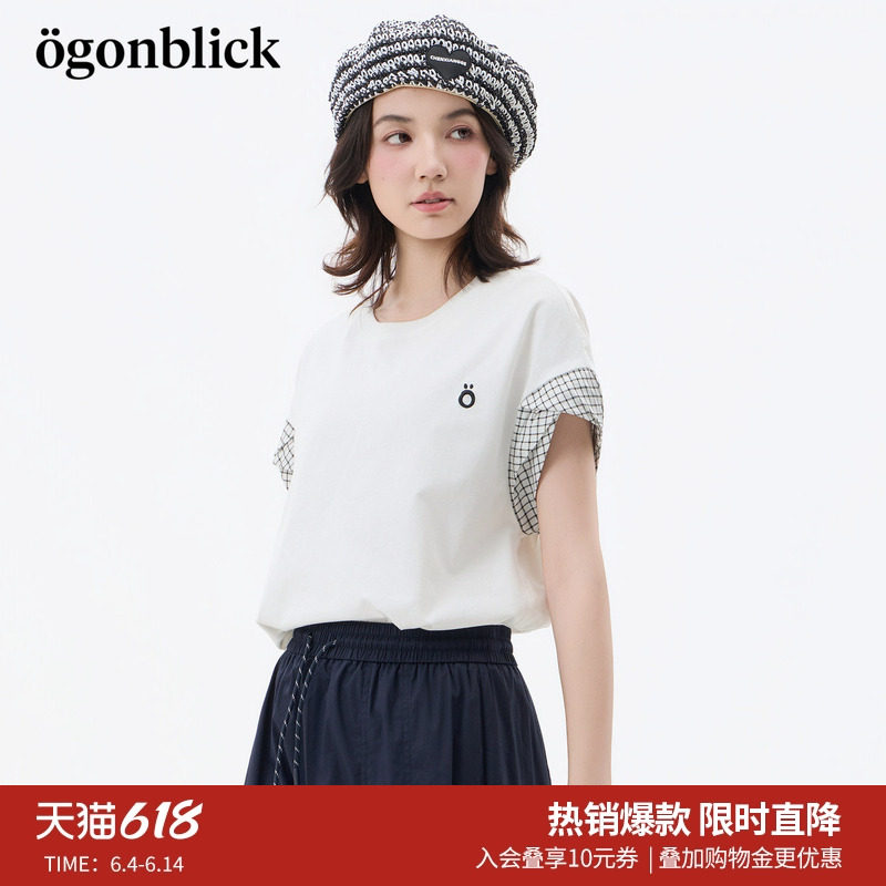 北欧时刻ins风撞色格子拼接白色T恤女2026年夏季新款开叉设计上衣