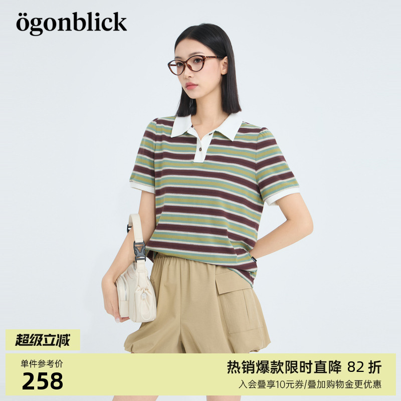 商场同款北欧时刻 撞色条纹T恤女25年夏季新款Polo领百搭时髦上衣