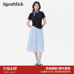 北欧时刻撞色拼接中长款短袖连衣裙女26夏季新款扭结设计圆领裙子