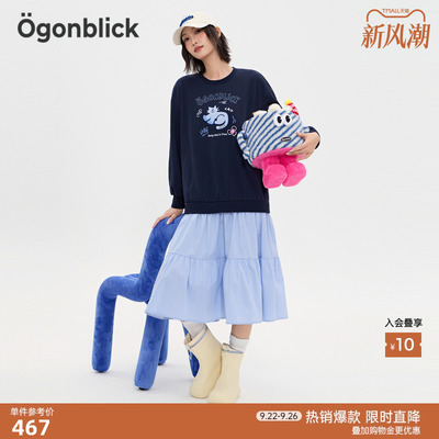 商场同款北欧时刻潮酷猫咪印花卫衣拼接格纹连衣裙女秋季新款裙子