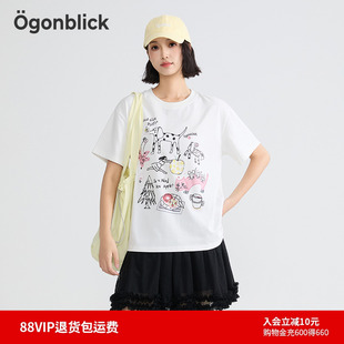商场同款 小个子百搭圆领上衣 北欧时刻涂鸦设计白色T恤女夏季 新款