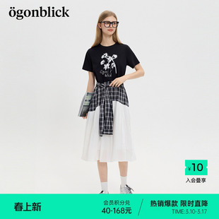 商场同款]北欧时刻潮流花朵印花T恤格纹衬衫拼接款裙子女夏连衣裙