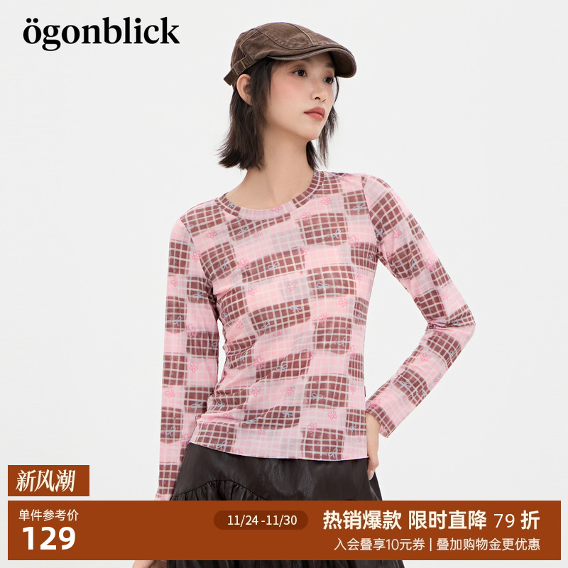 商场同款]北欧时刻拼接格纹设计感印花T恤女25秋冬新款打底衫上衣