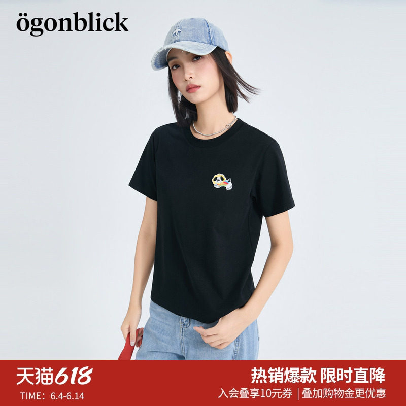 北欧时刻 小狗刺绣黑色T恤女2026年夏季新款韩式宽松圆领短袖上衣