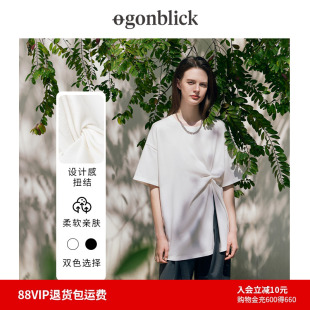 T恤女上衣 商场同款 北欧时刻2025夏季 新款 设计感扭结开衩白色短袖