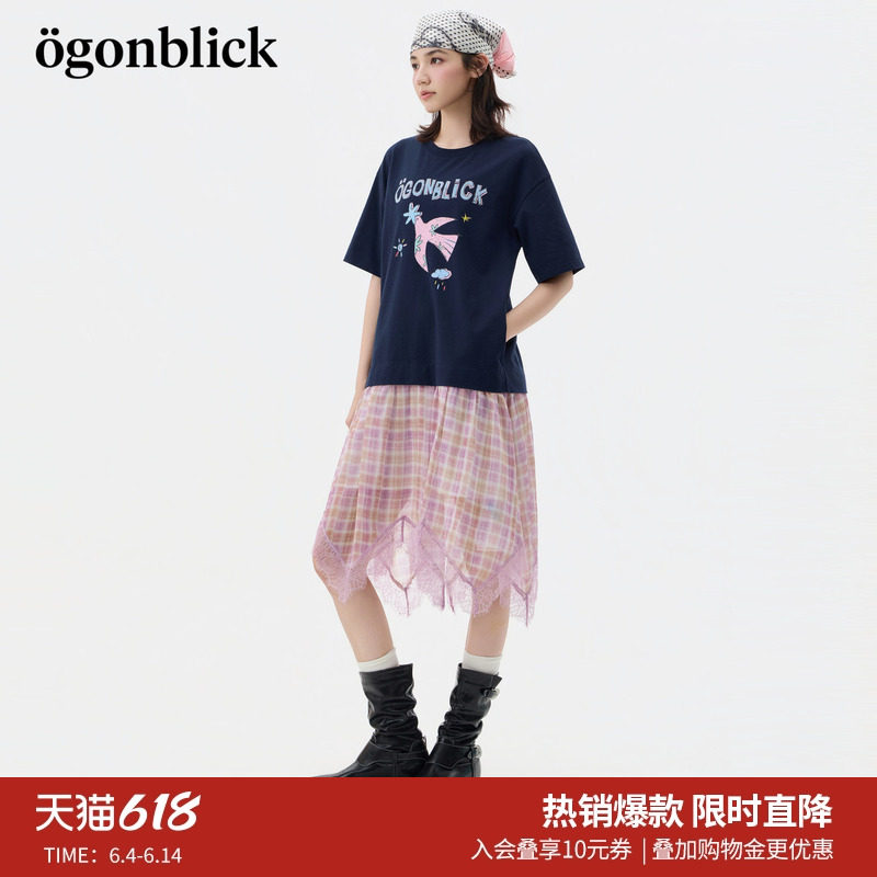 北欧时刻燕子字母印花拼接格子蕾丝边连衣裙女夏季新款伞型短裙子