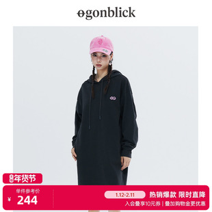 北欧时刻主题小熊绣花卫衣裙连帽长袖休闲连衣裙宽松纯色中长裙女