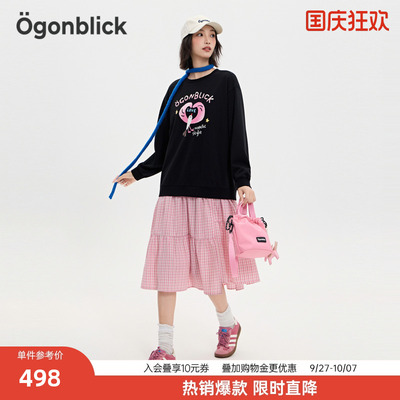 商场同款北欧时刻甜酷印花卫衣拼接格纹连衣裙女秋季新款元气裙子