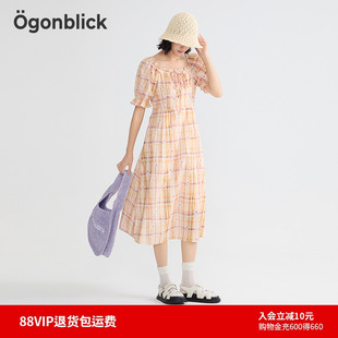 方领裙子 商场同款 北欧时刻格子连衣裙女2025年夏季 新款 淑女泡泡袖