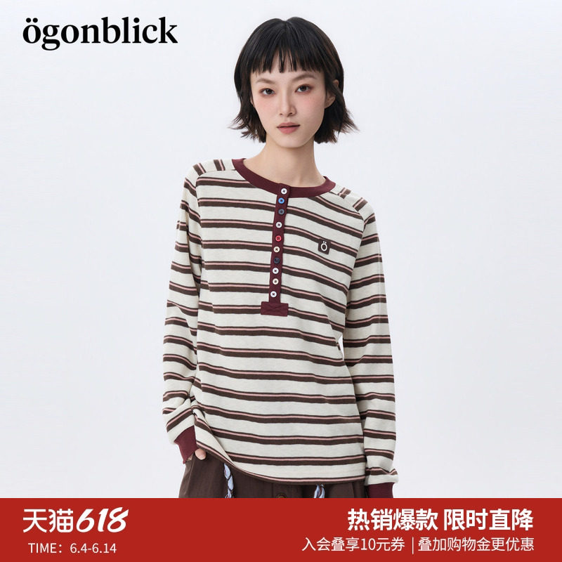 北欧时刻'复古彩扣撞色条纹T恤26年春季新款百搭小个子打底衫上衣