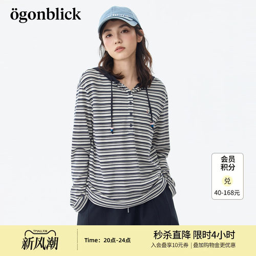 北欧时刻 撞色拼接连帽条纹莱赛尔T恤女26年秋季新款宽松休闲上衣