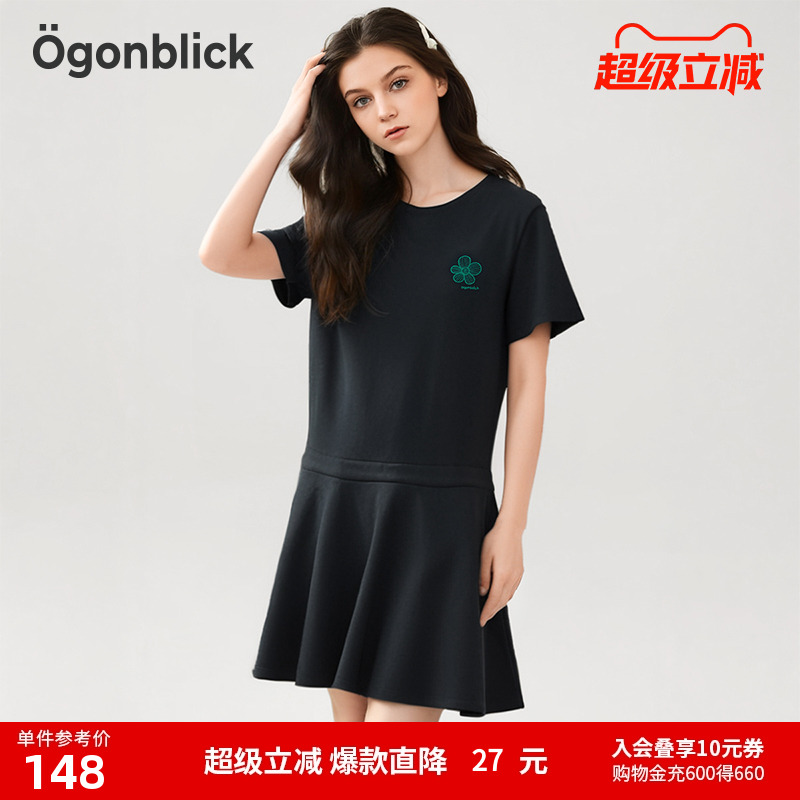 [商场同款]北欧时刻黑色短袖t恤连衣裙女夏季设计感绣花荷叶裙子