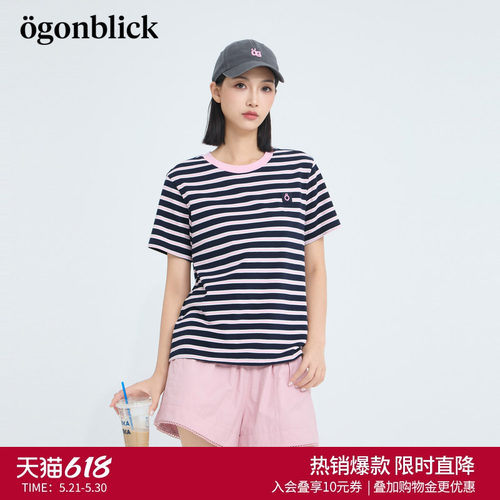 商场同款北欧时刻 撞色条纹T恤女26年夏新款百搭休闲圆领设计上衣