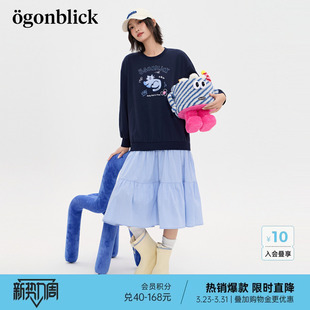 裙子 新款 商场同款 北欧时刻潮酷猫咪印花卫衣拼接格纹连衣裙女春季