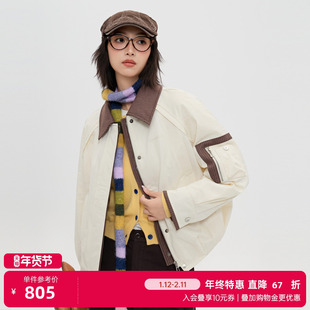 商场同款北欧时刻条纹撞色翻领羽绒服女25冬季新款廓形假两件外套