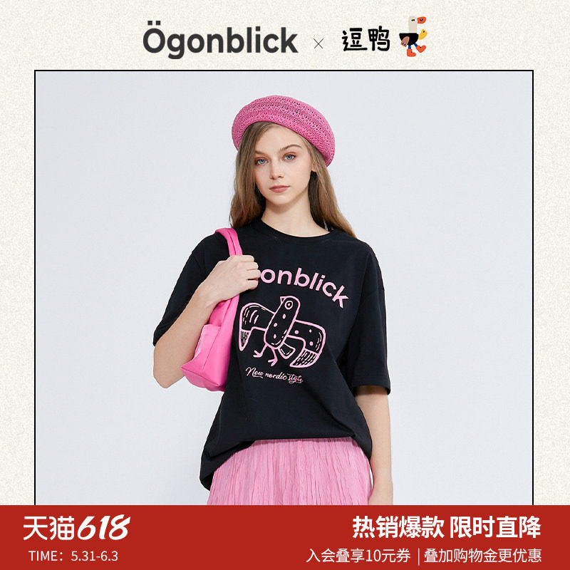 北欧时刻'逗鸭联名印花黑色T恤女26夏季新款短袖百搭显瘦卡通上衣