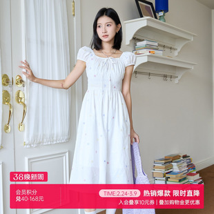 SlayD瑶瑶同款 北欧时刻小清新碎花连衣裙女夏泡泡袖白色中长裙子