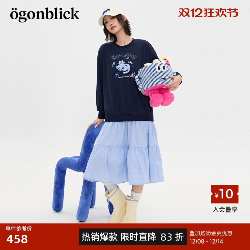 商场同款北欧时刻潮酷猫咪印花卫衣拼接格纹连衣裙女秋季新款裙子