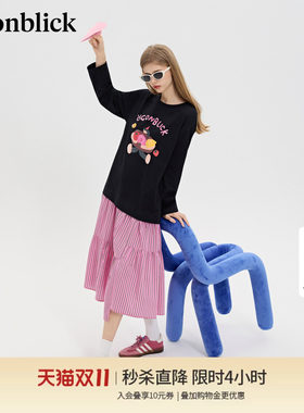 北欧时刻 甜酷撞色印花T恤拼接条纹连衣裙女26年秋季新款宽松裙子