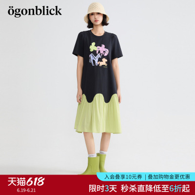 北欧时刻萌趣印花连拼接连衣裙女2026年夏季新款不规则宽松长裙子
