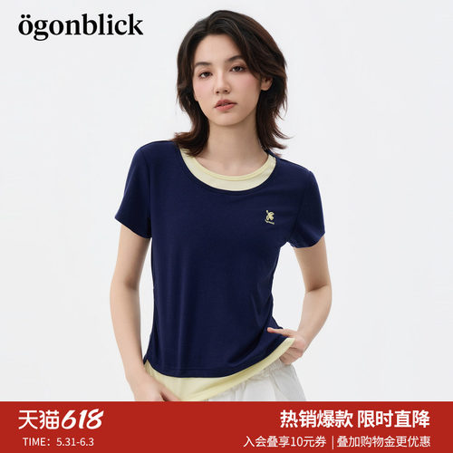 北欧时刻'燕子刺绣撞色假两件莱赛尔T恤女26夏季新款修身显瘦上衣