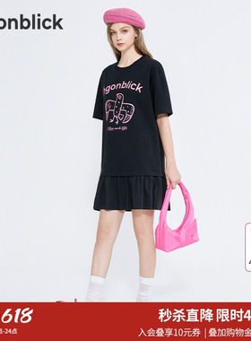 北欧时刻2026年夏季新款女趣味印花拼接假两件短袖黑色连衣裙短裙