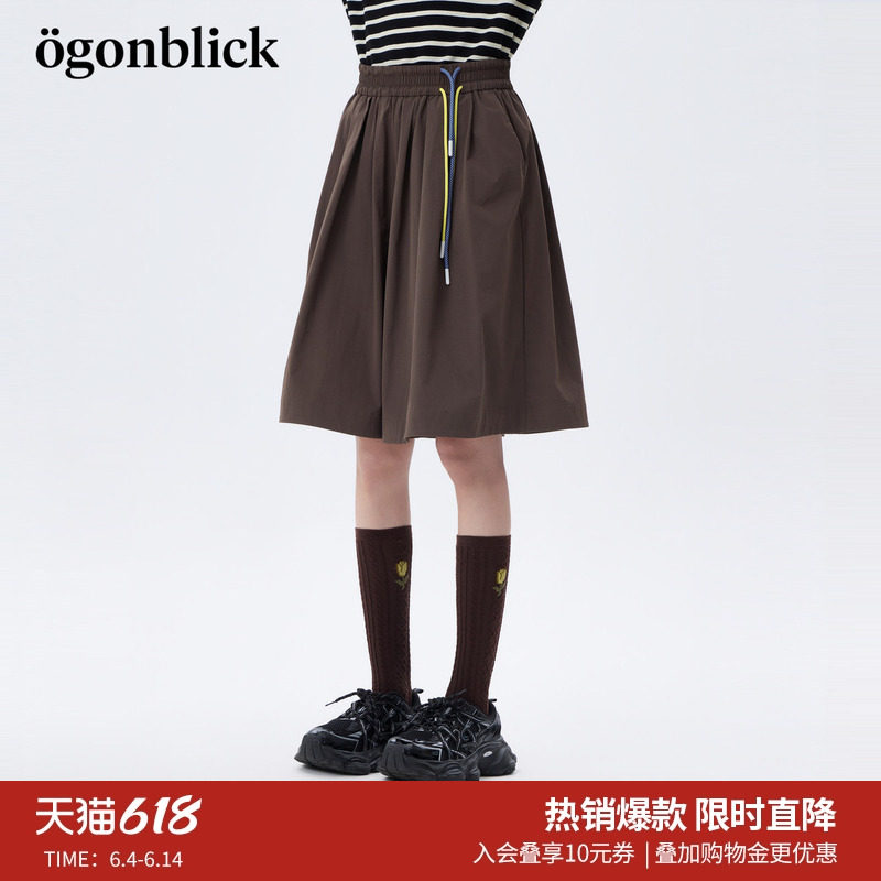 北欧时刻美式撞色抽绳咖色休闲五分裤女26年夏季新款高腰阔腿裙裤