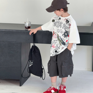 中大童学生圆领宽松休闲套装 2026新款 潮 T恤夏季 男童纯棉宽松短袖