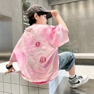 圆领宽松中大童帅气半袖 2026新款 上衣潮 T恤夏季 男童粉色纯棉短袖