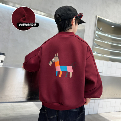 男童加绒卫衣秋冬季2025新款中大童青少年学生新年红色保暖上衣潮