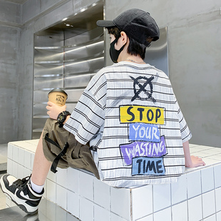 中大童学生宽松印花纯棉半袖 2026新款 潮 T恤夏季 男童条纹圆领短袖