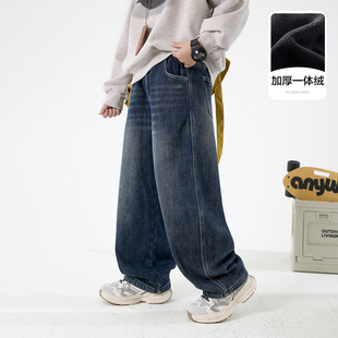 男童冬季韩范加绒阔腿牛仔裤2025新款青少年儿童加厚保暖直筒裤子