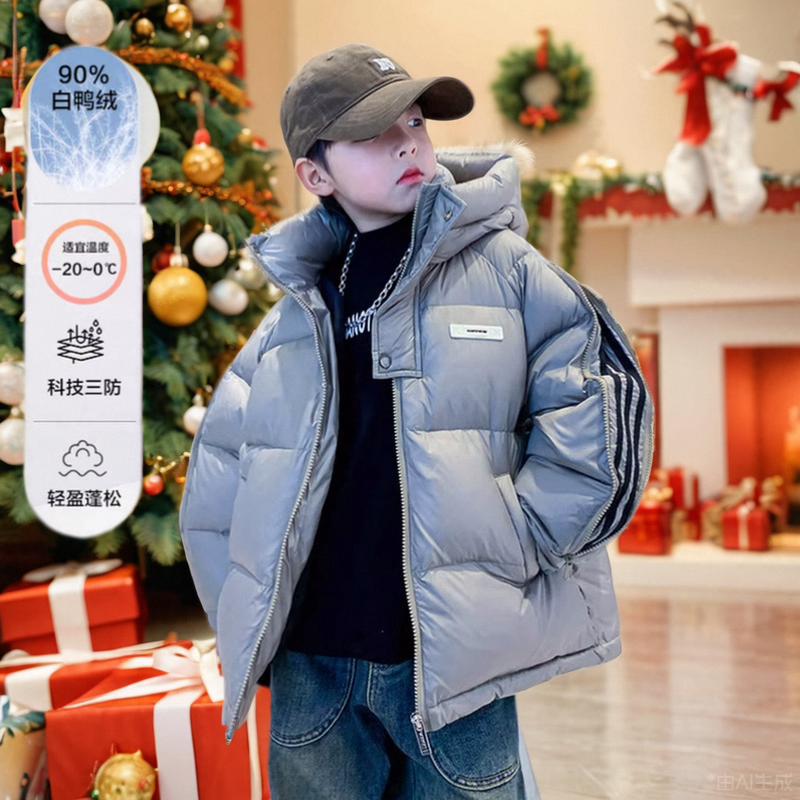 潮牌童装面包服白鸭绒羽绒服男童冬季2024新款中大童加厚学生外套