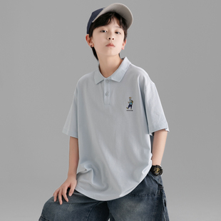 男童夏季短袖翻领POLO衫T恤2026新款中大童学生宽松学院风刺绣潮