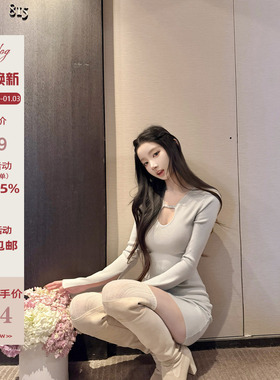 Hotdog 热狗很辣【温柔姐姐 】领口小众设计感韩版气质长袖连衣裙