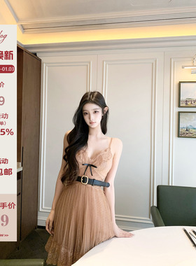 Hotdog 热狗很辣 【晚冬凯瑟琳】两色蝴蝶结蕾丝网纱连衣裙+腰带