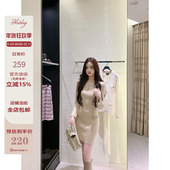 Hotdog 显瘦温柔杏色连衣裙女 精致高级修身 热狗很辣 璀璨珠贝