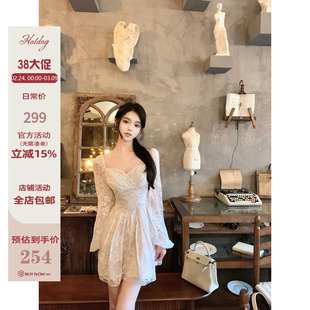 Hotdog 热狗很辣【月漫花蕾】温婉优雅气质白色长袖收腰连衣裙女