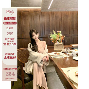 粉色蕾丝拼接连衣裙女优雅气质长裙 心怀蔷薇 Hotdog 热狗很辣