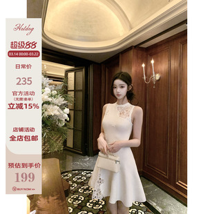 Hotdog 热狗很辣 【雪落蔷薇】白色蕾丝镂空设计感无袖连衣裙短裙