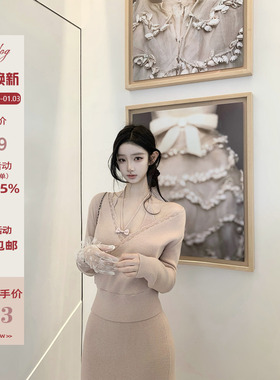 Hotdog 热狗很辣 【爱神丘比特】V领针织蕾丝毛衣上衣+打底连衣裙